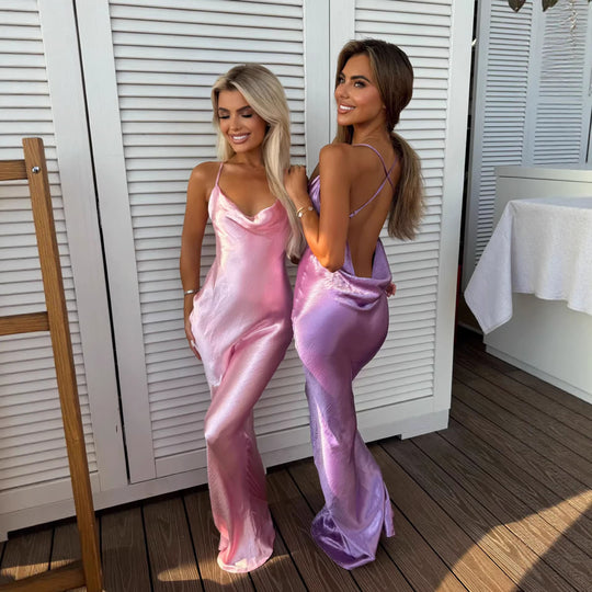 Damen Glamouröses Abendkleid mit schimmerndem Satin und spaghettiträgern EB