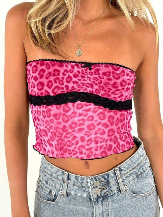 Damen Bandeau-Top mit trendigem Leopardenmuster und zarter Spitzenkante EB