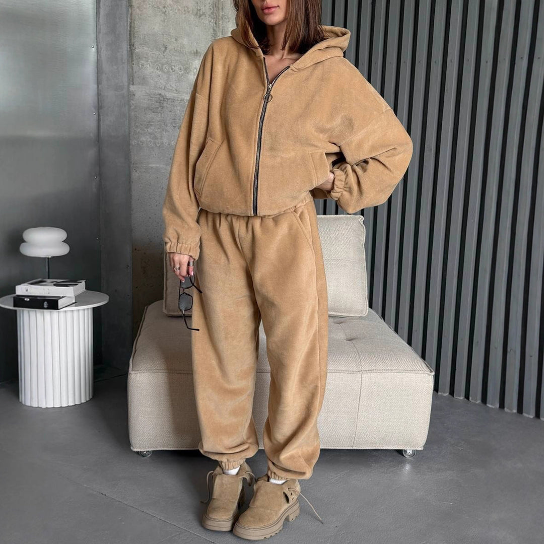 Damen Plüsch-Loungewear-Set mit Reißverschluss-Kapuzenjacke und taillenhoher Jogginghose EB