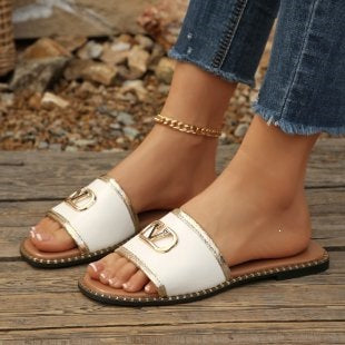 Damen modische Riemchen-Sandalen mit goldenen Details EB
