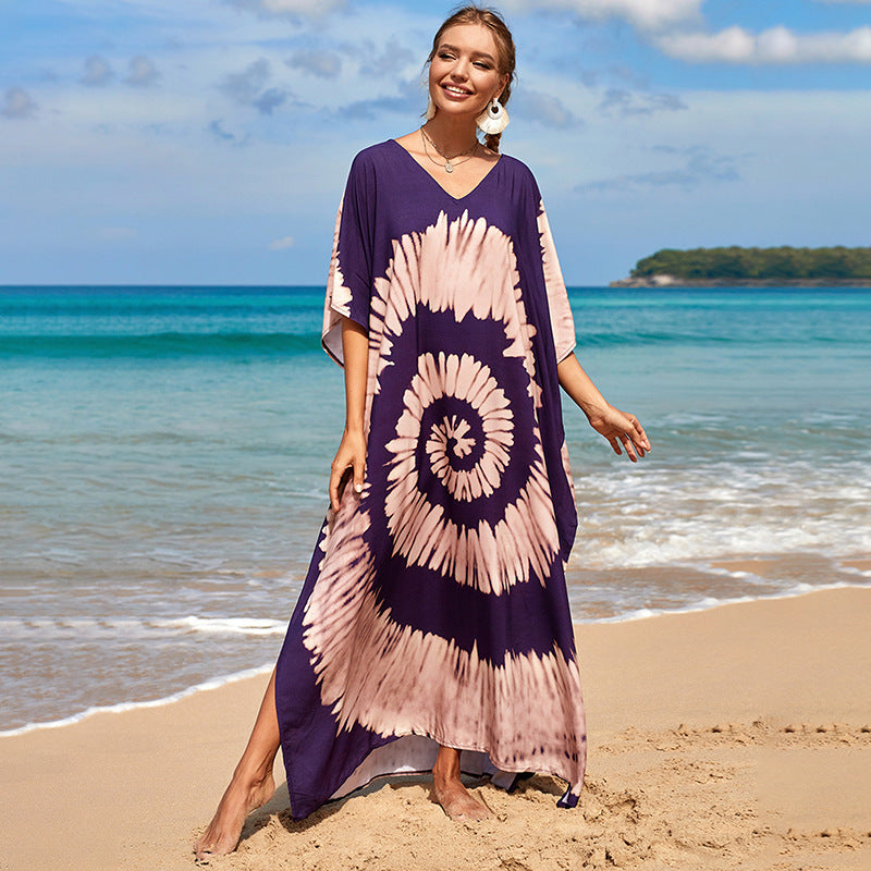 Damen Strandkleid mit buntem Batikdesign und weit geschnittenen Ärmeln EB