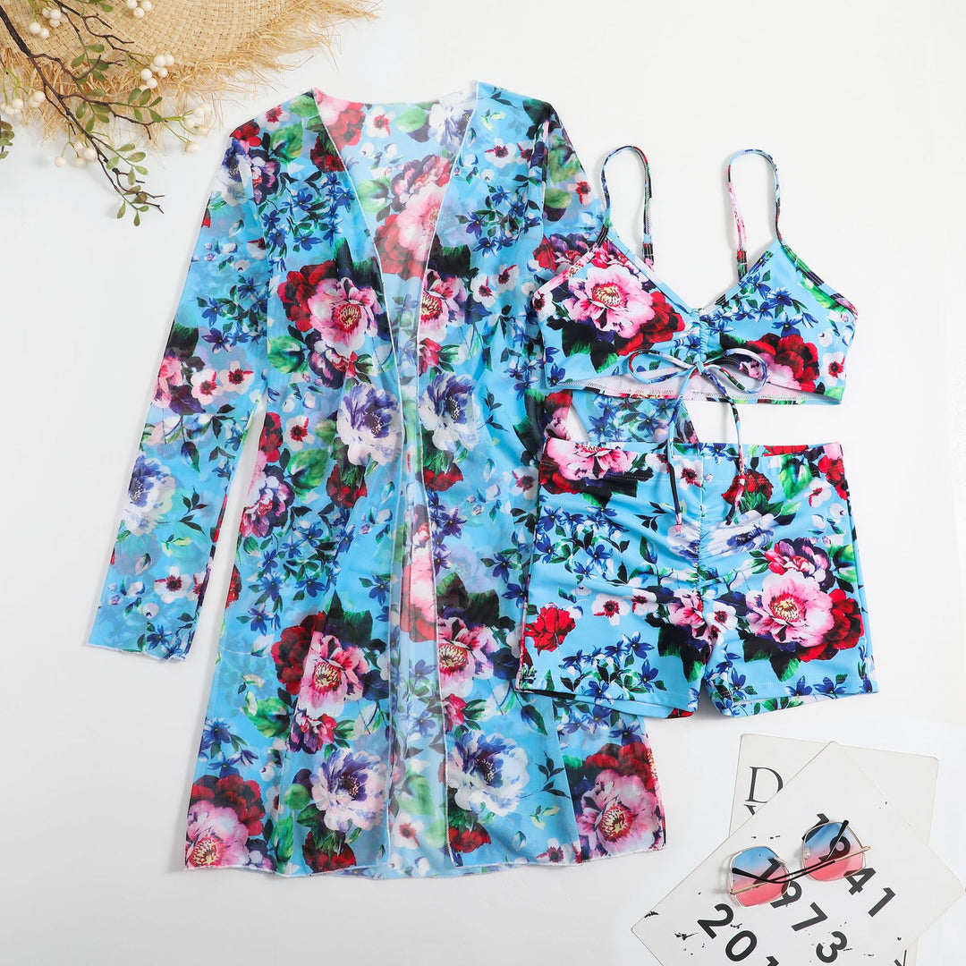 Damen Bikiniset mit floralem Oberteil und luftiger Wickeljacke EB