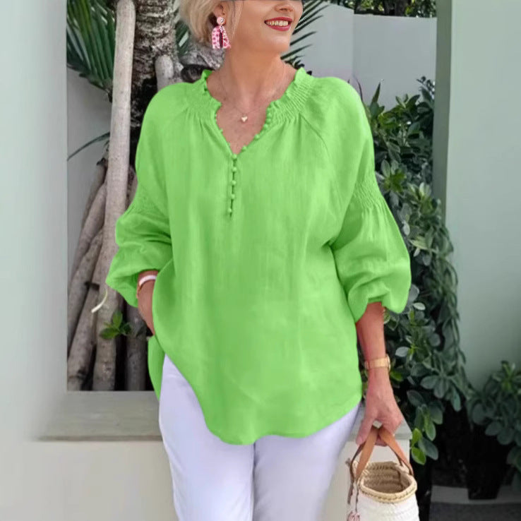 Damen Leichte Bluse mit elastischen Puffärmeln und Knopfleiste EB