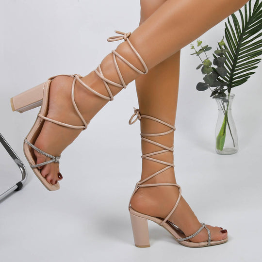 Damen elegante Sandalen mit glitzernden Riemen und robustem Blockabsatz EB