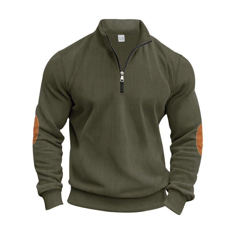 Herren nan strukturierter Baumwoll-Strickpullover mit halbem Reißverschluss und Ellenbogenbesatz EB