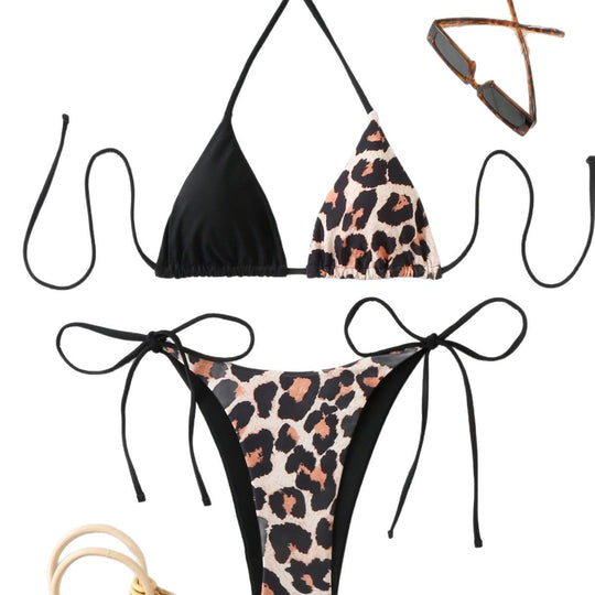 Damen Triangel-Bikini mit doppeltem Leopardenmuster und verstellbaren Seitenschnüren EB