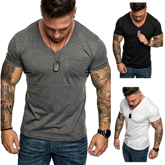 Herren V-Ausschnitt T-Shirt aus weicher Baumwolle mit Brusttasche EB