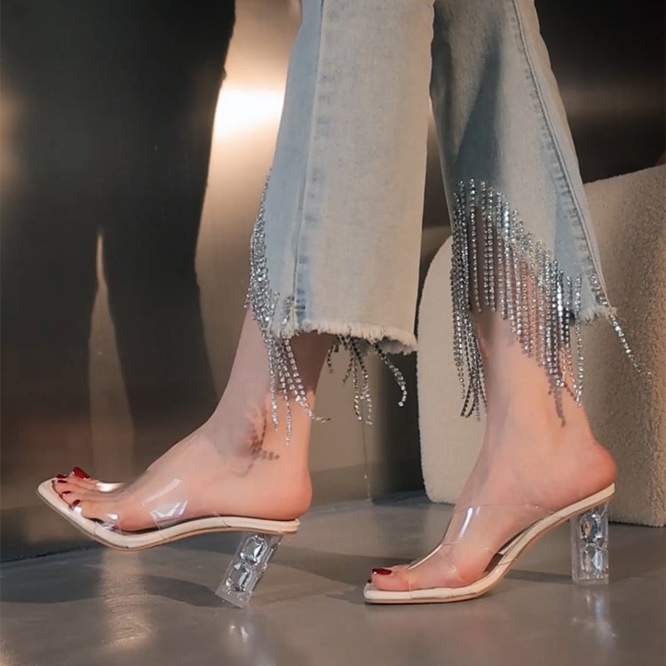 Damen elegante transparente Mules mit glitzerndem Blockabsatz EB