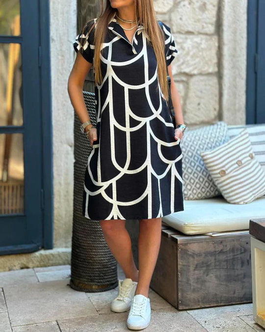 Damen nan legeres Hemdblusenkleid mit V-Ausschnitt, kurzen Umschlagärmeln und grafischem Alloverprint EB