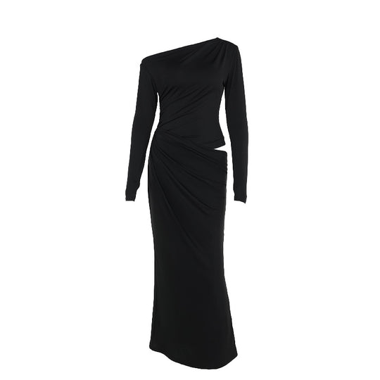 Damen elegantes Wickelkleid mit asymmetrischem Schnitt und langen Ärmeln EB