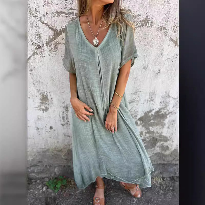 Damen Luftiges Leinenmaxikleid mit V-Ausschnitt und weit schwingendem Saum EB