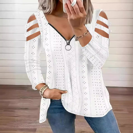 Damen modisches Oberteil mit Cut-Out-Ärmeln und tiefem V-Ausschnitt EB