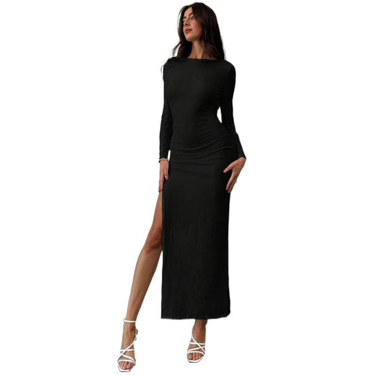 Damen Elegantes Maxikleid mit tiefem Rückenausschnitt und seitlichem Schlitz EB