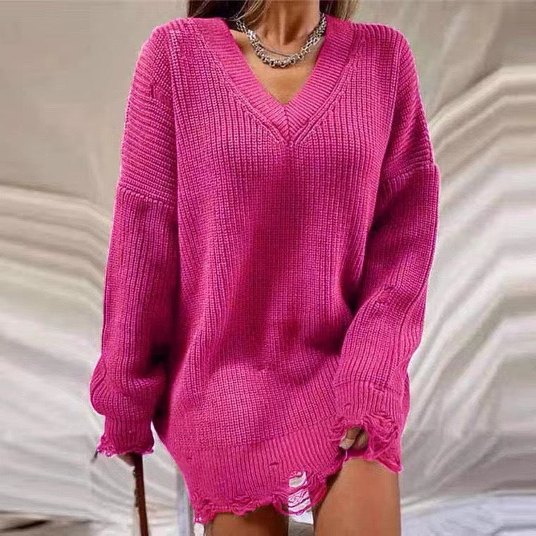 Damen Grobstrick Pullover mit V-Ausschnitt und lässigem Schnitt EB