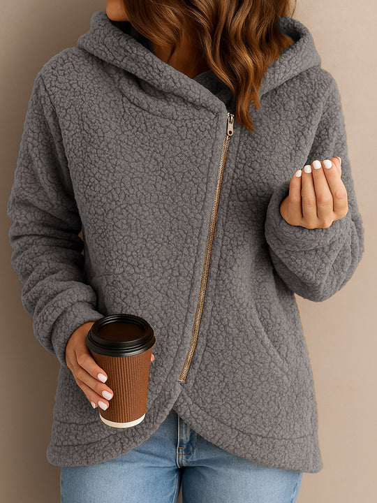 Damen Flauschige Kapuzenjacke mit asymmetrischem Reißverschluss EB