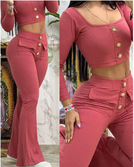 Damen modisches cropped Oberteil mit Flared-Hose und Knopfdetails EB