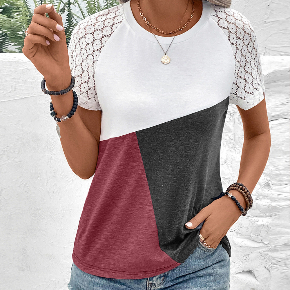 Damen modisches T-Shirt mit Spitzenärmeln und Farbblockdesign EB