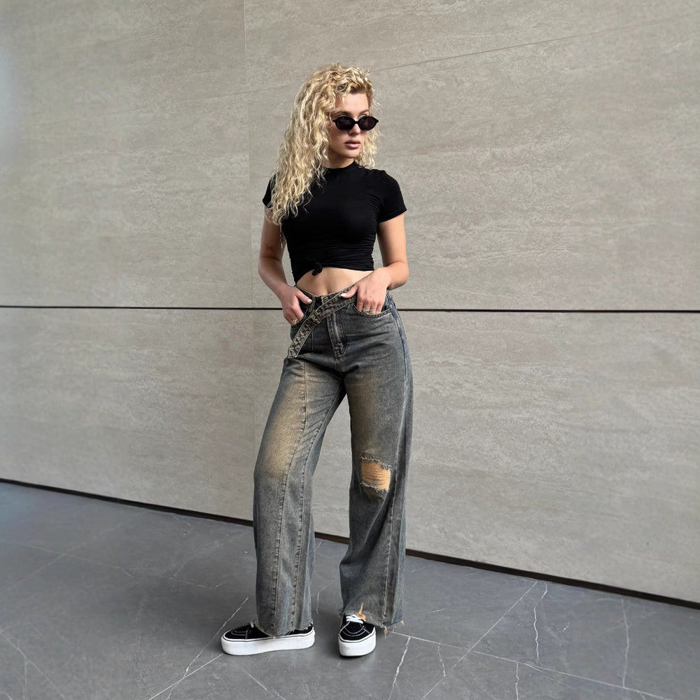 Damen Lässige Baqugy-Jeans mit modischen Rissdetails und Gürtel EB