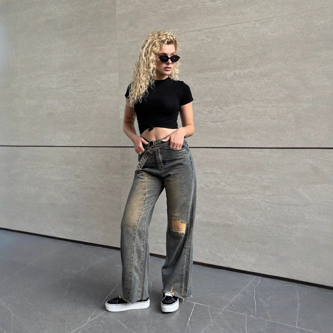 Damen Lässige Baqugy-Jeans mit modischen Rissdetails und Gürtel EB