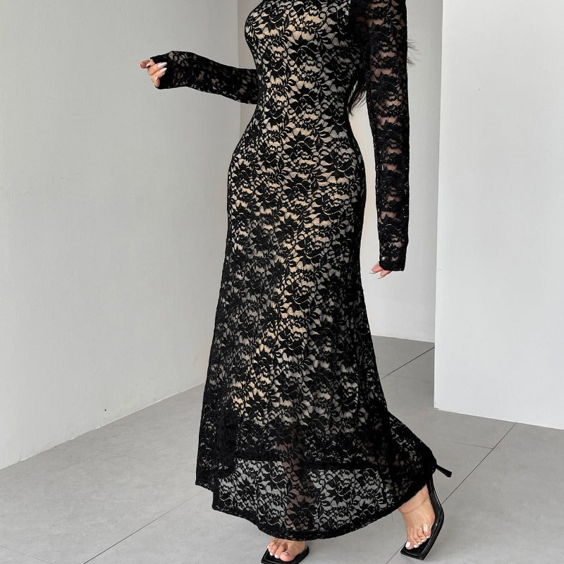 Damen Spitzenlangarmkleid mit schulterfreiem Design und eleganter Transparenz EB