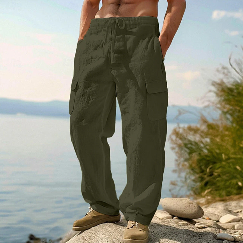 Herren nan weite Casual-Cargohose aus Leinen-Baumwollmix mit Elastikbund, Tunnelzug und großen Pattentaschen EB