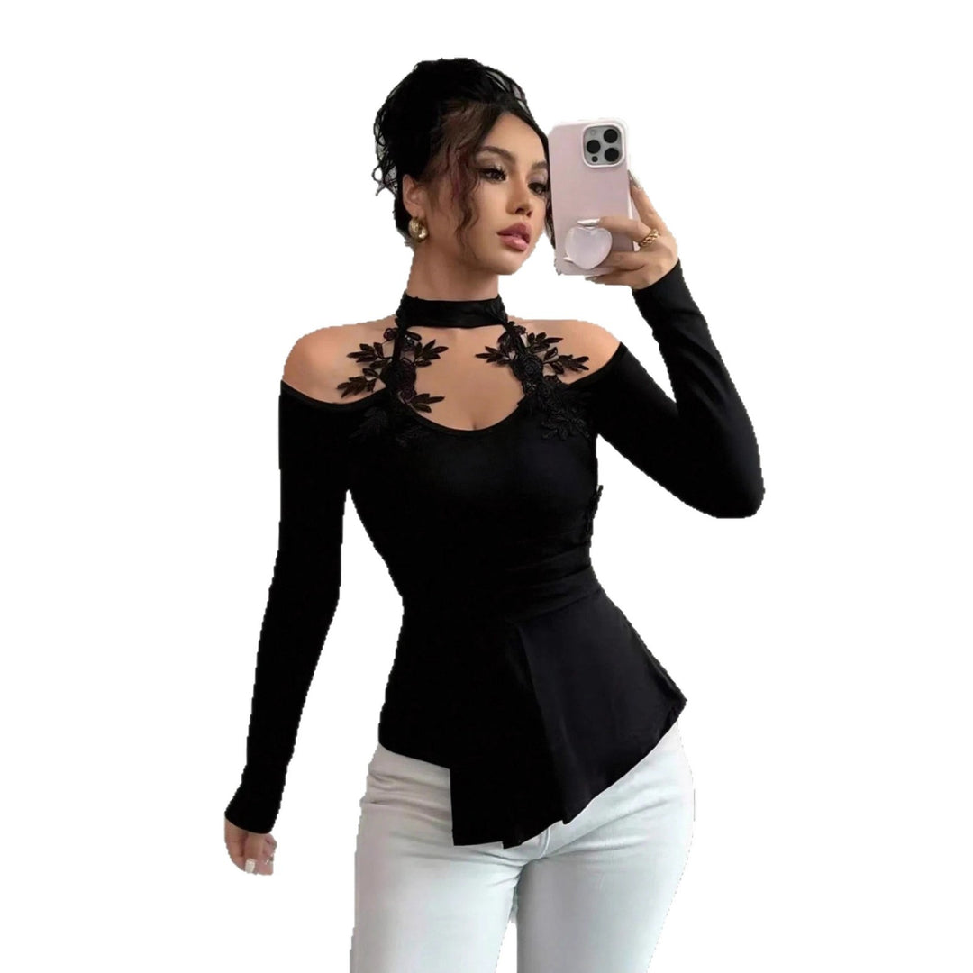 Damen nan schulterfreies Langarm-Top mit Chokerkragen, floralen Spitzenapplikationen und tailliertem Schößchen EB