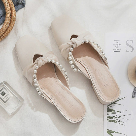 Damen Elegante Mules mit modischem Perlenverzierung und kreativen Schleifen EB