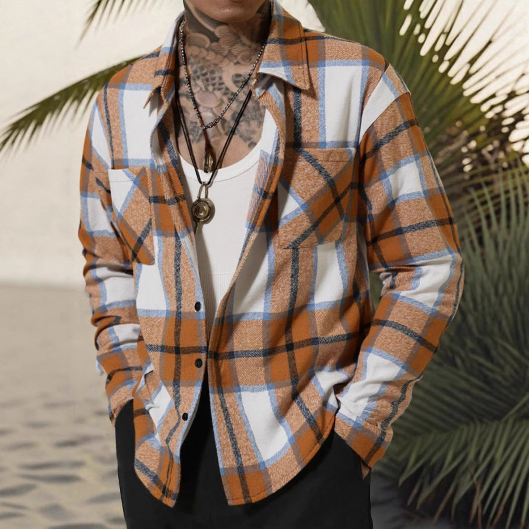 Herren Lässige Flanell Hemdjacke mit Karomuster und Brusttasche EB