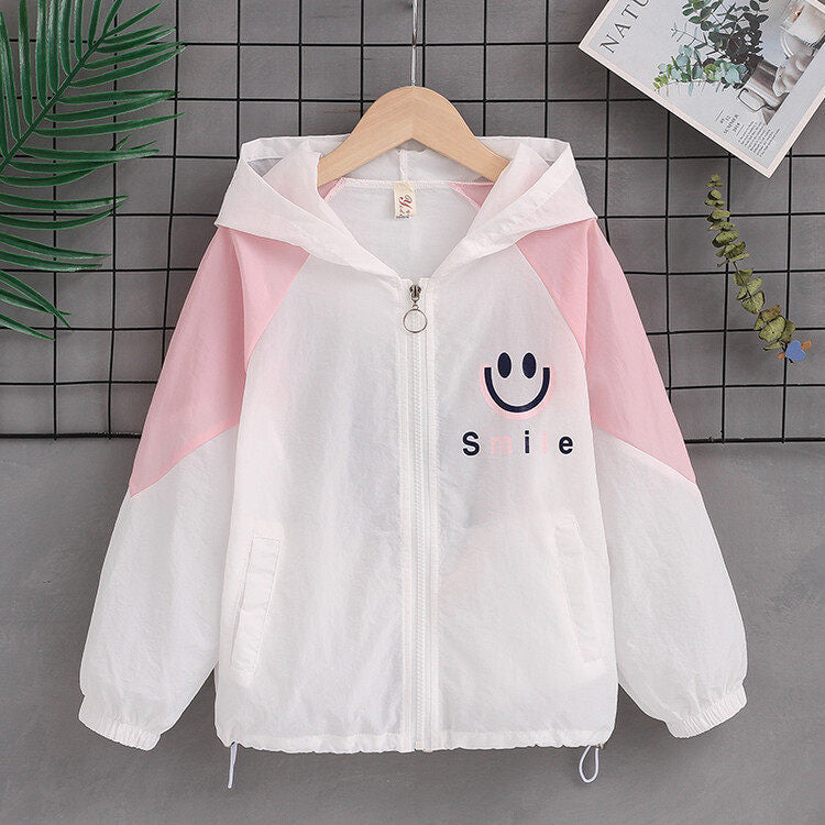 Damen nan leichte Kapuzenjacke mit Smiley-Print, verstellbarem Saum und elastischen Bündchen  EB