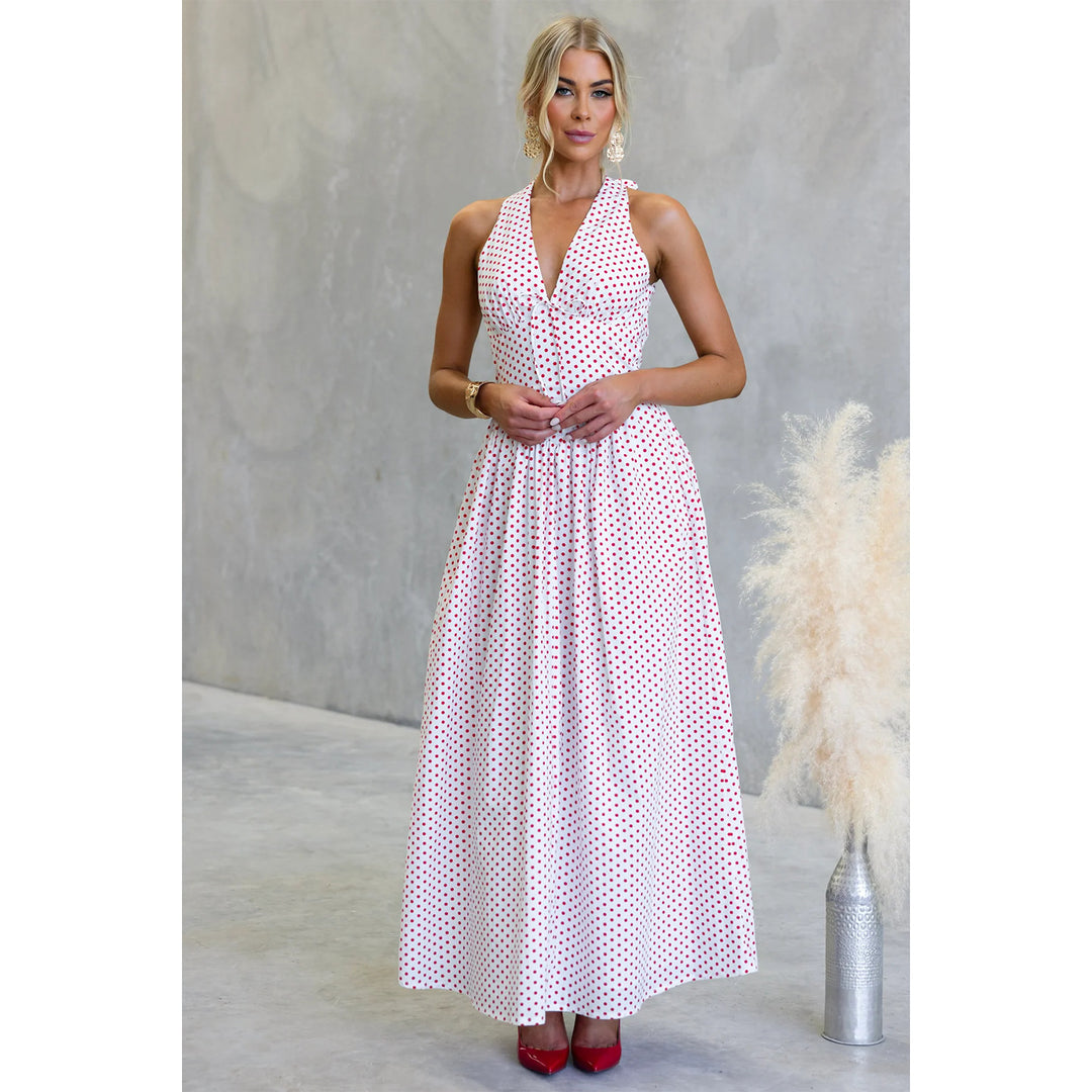 Damen Maxikleid mit tiefem V-Ausschnitt und verspieltem Polka-Dot-Muster EB