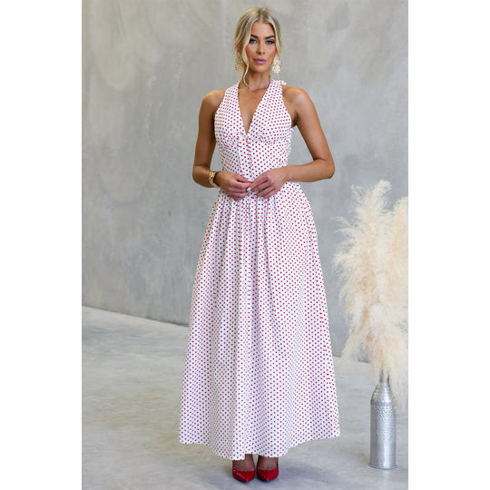 Damen Maxikleid mit tiefem V-Ausschnitt und verspieltem Polka-Dot-Muster EB