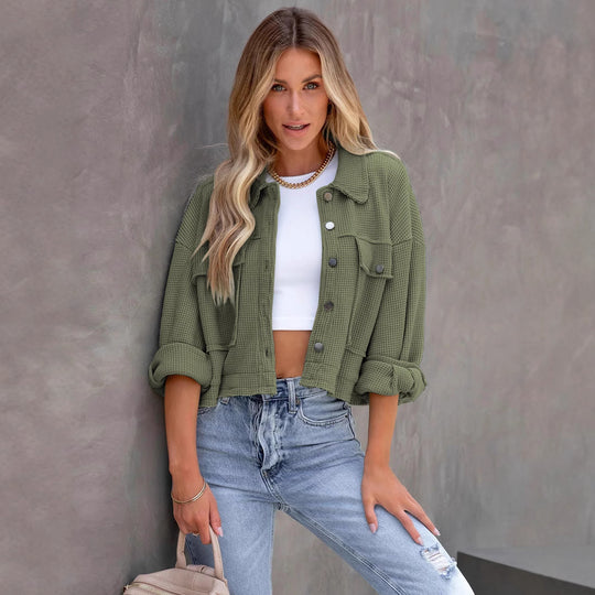 Damen modische Waffelstruktur-Jacke mit praktischen Taschen und leichtem Schnitt EB