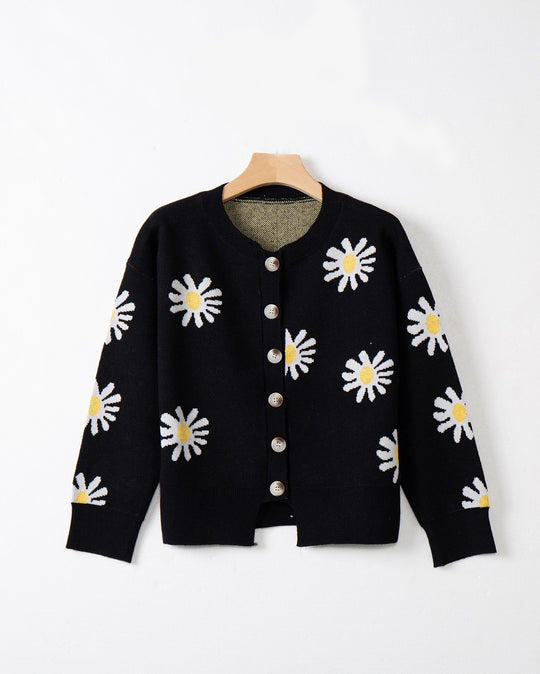 Damen modische Strickjacke mit floralem Muster und kurzen Ärmeln EB