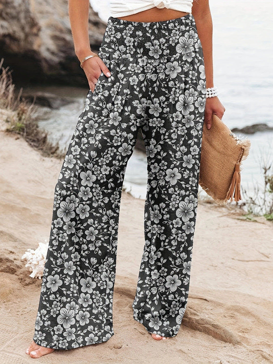 Damen Weit geschnittene Strandhose mit floralem Motiven und elastischem Bund EB