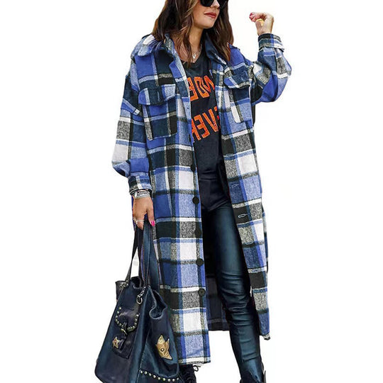 Damen Langarm-Wolljacke mit Karomuster und praktischen Taschen EB