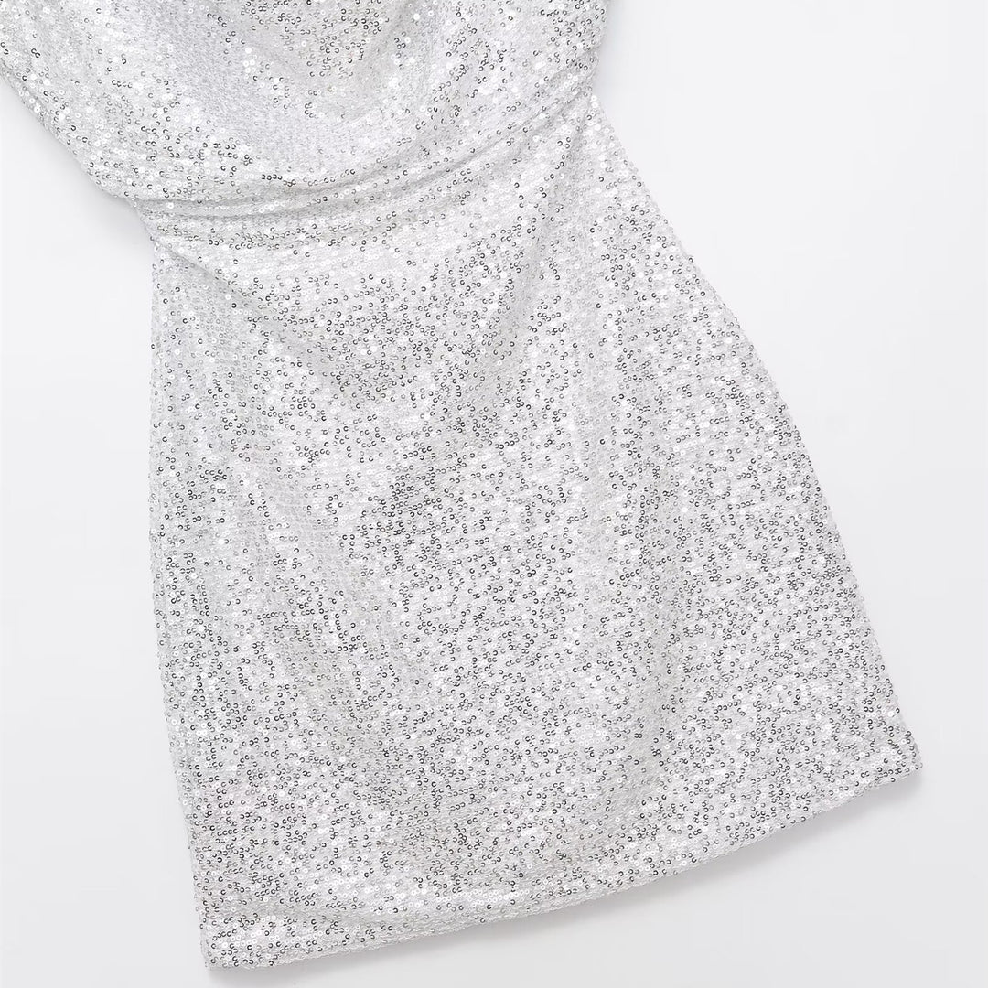 Damen kurzärmeliges Abendkleid mit schimmerndem Paillettenbesatz EB