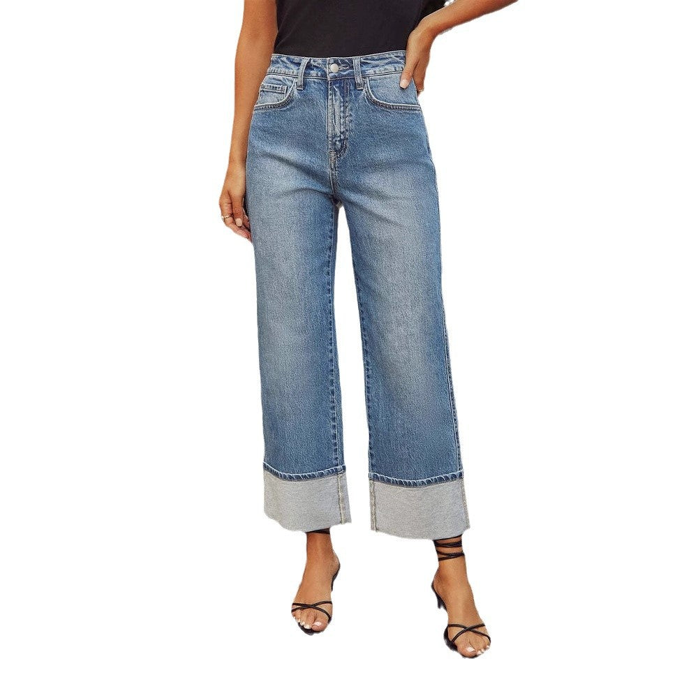 Damen Weite Jeans im modernen cropped Stil mit Kontrastabschlüssen EB