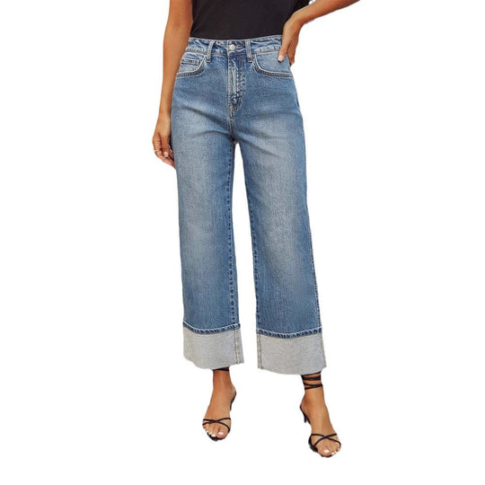 Damen Weite Jeans im modernen cropped Stil mit Kontrastabschlüssen EB