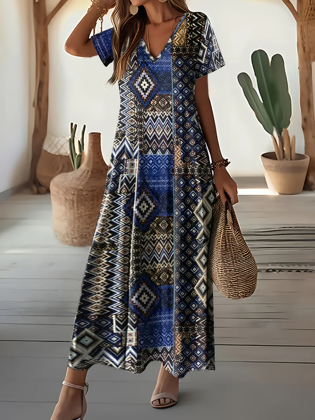 Damen Maxikleid mit geometrischem Muster und V-Ausschnitt EB