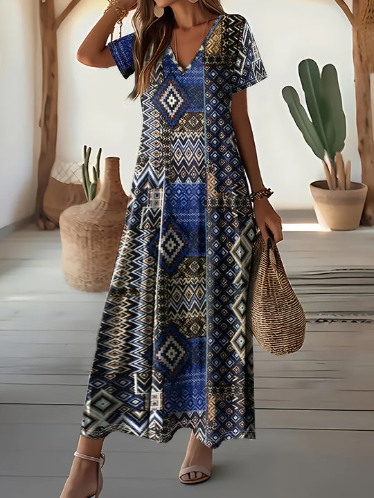 Damen Maxikleid mit geometrischem Muster und V-Ausschnitt EB