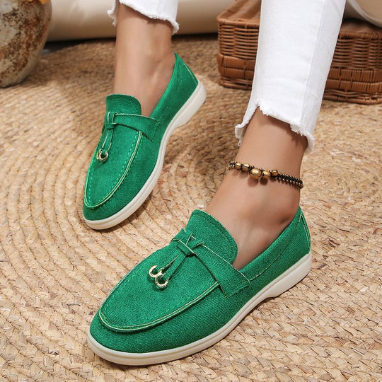 Damen Slipper-Loafer aus Velourslederoptik mit dekorativem Knotenriemen und leicht profilierter Gummisohle EB