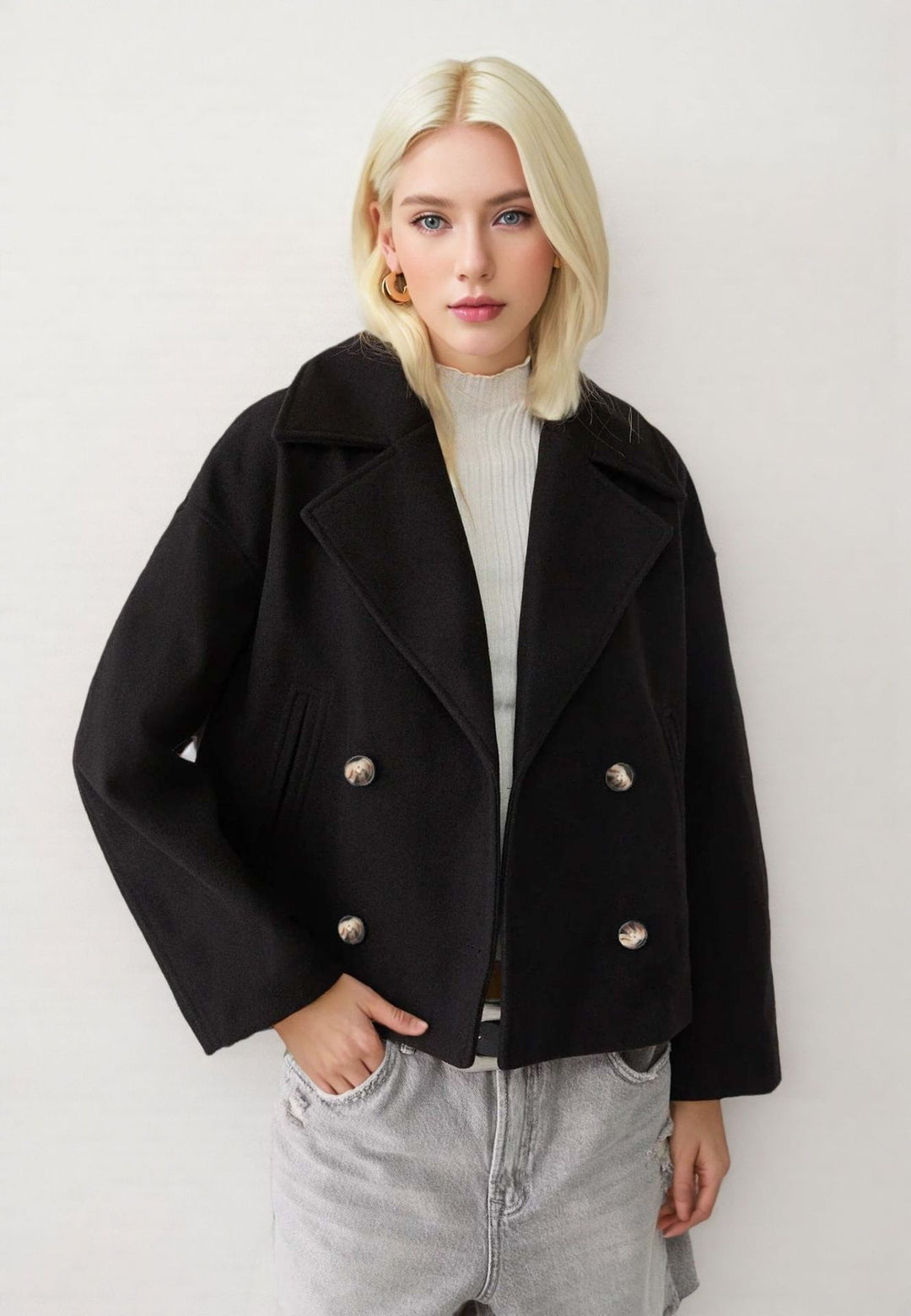 Damen nan kurzes doppeltreihiges Wollmix-Manteljacke im Boxy-Cut mit weitem Reverskragen EB