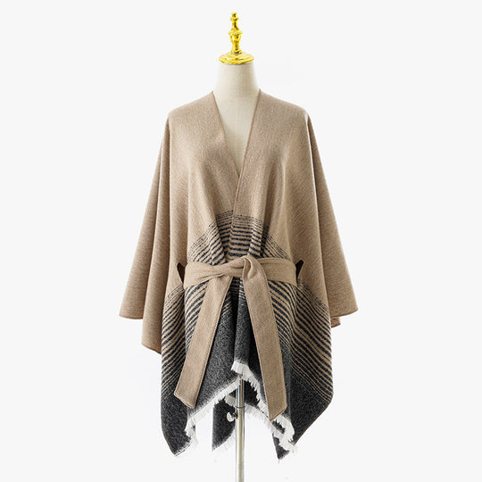 Damen Wickelponcho mit Bindegürtel, V-Ausschnitt und Fransensaum EB