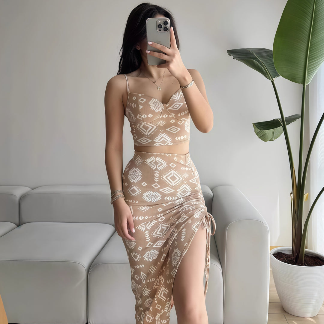 Damen Set aus Crop-Top und Knielangem Rock mit Raffungen EB