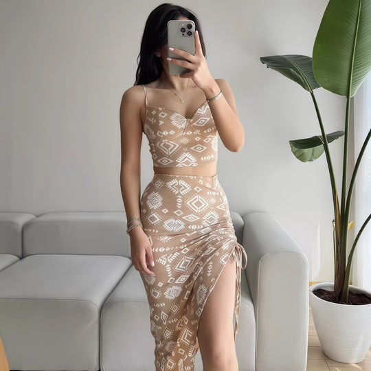 Damen Set aus Crop-Top und Knielangem Rock mit Raffungen EB