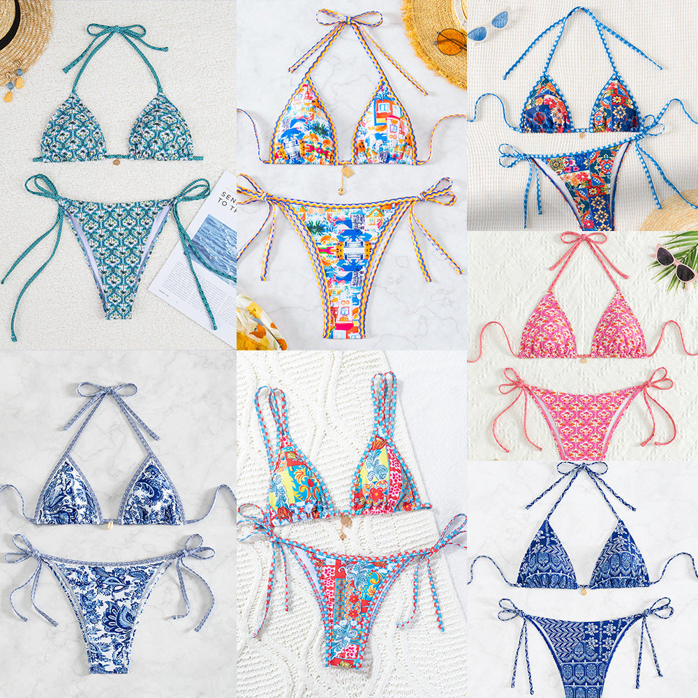 Damen Triangel-Bikini mit verspieltem Palmenmuster EB