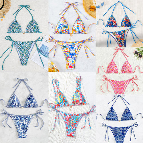 Damen Triangel-Bikini mit verspieltem Palmenmuster EB