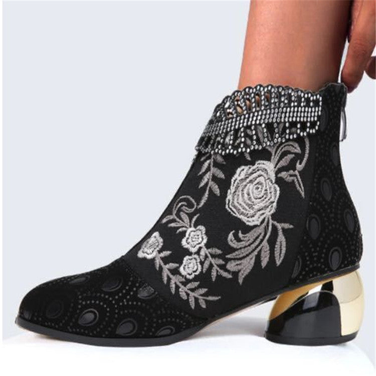 Damen nan bestickte Ankle-Boots mit Samteinsatz Perlenbesatz und skulptiertem Blockabsatz EB