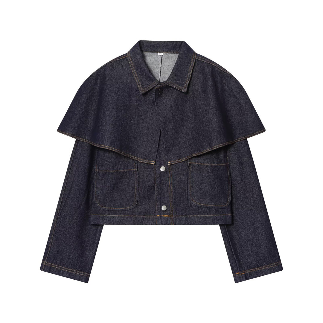 Damen nan cropped Jeansjacke mit Cape-Überwurf, Druckknopfverschluss und aufgesetzten Taschen EB