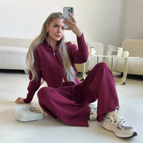 Damen gestricktes Lounge-Set mit kurzem Reißverschluss-Cardigan und weitem High-Waist-Jogginghose EB